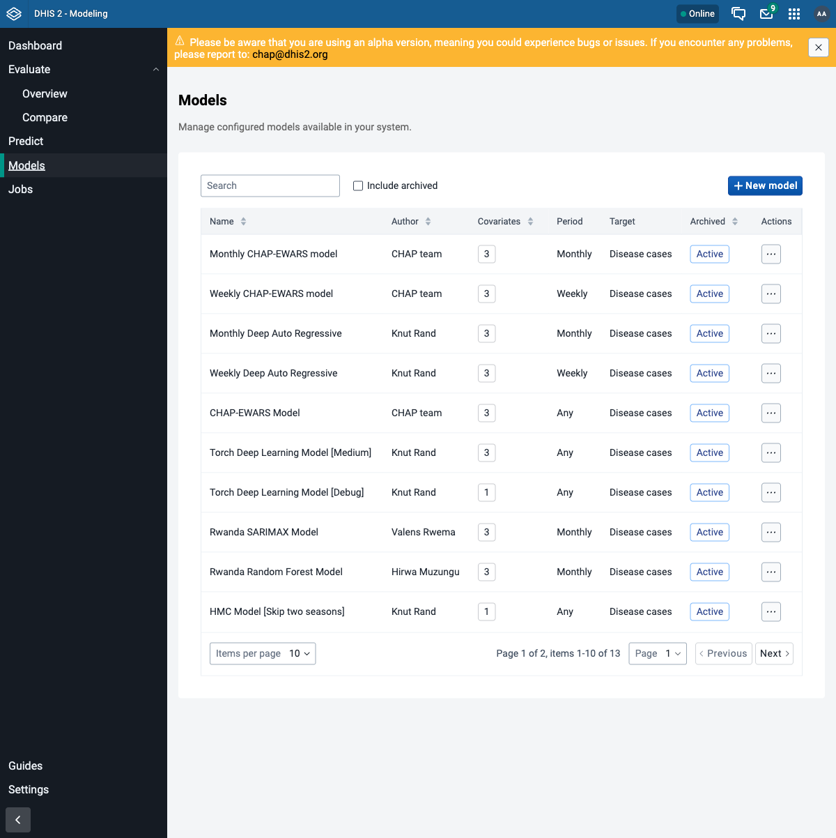 Modelling app Models list, loaded from CHAP