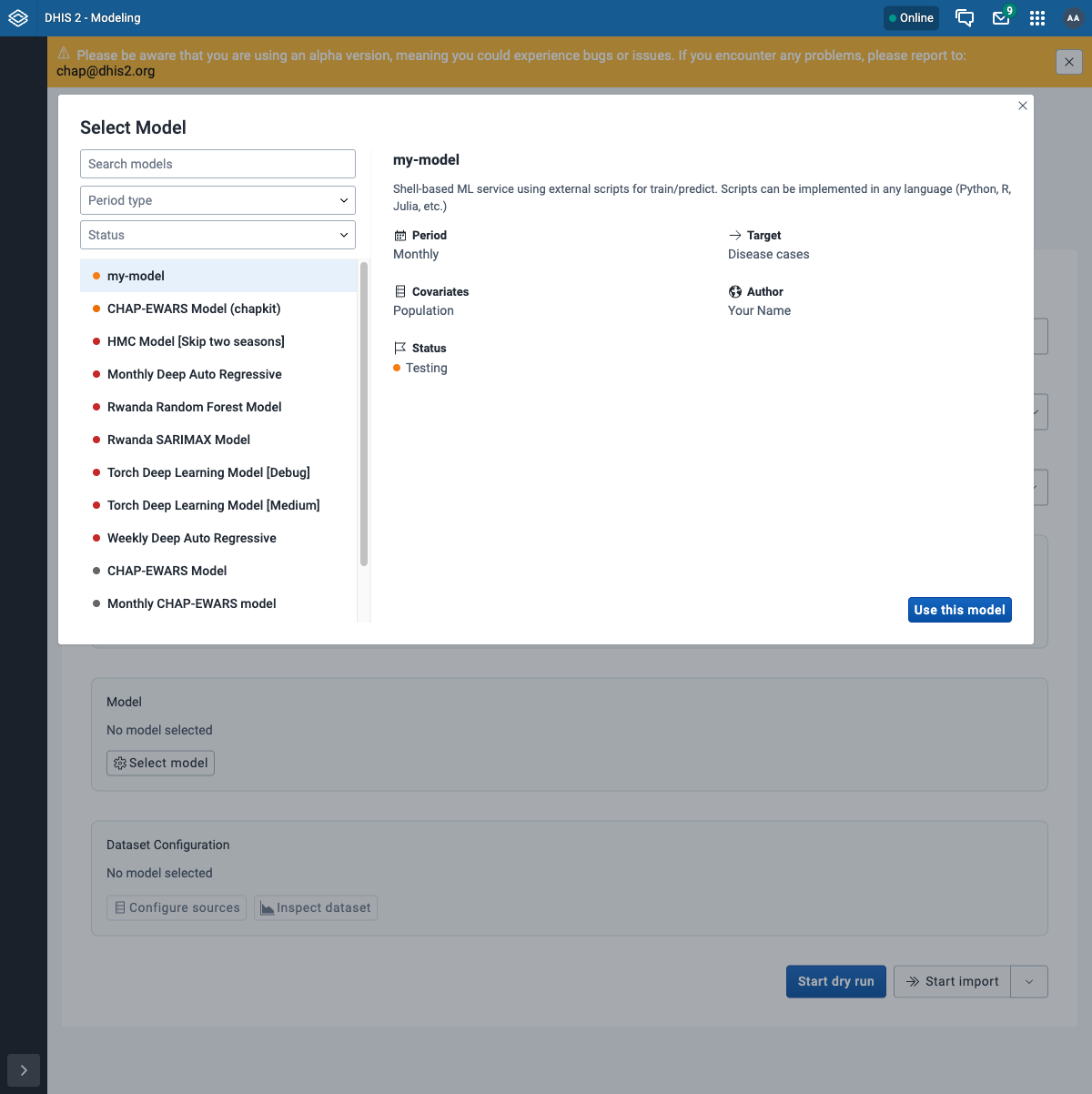 Your model in the Modelling App's model picker