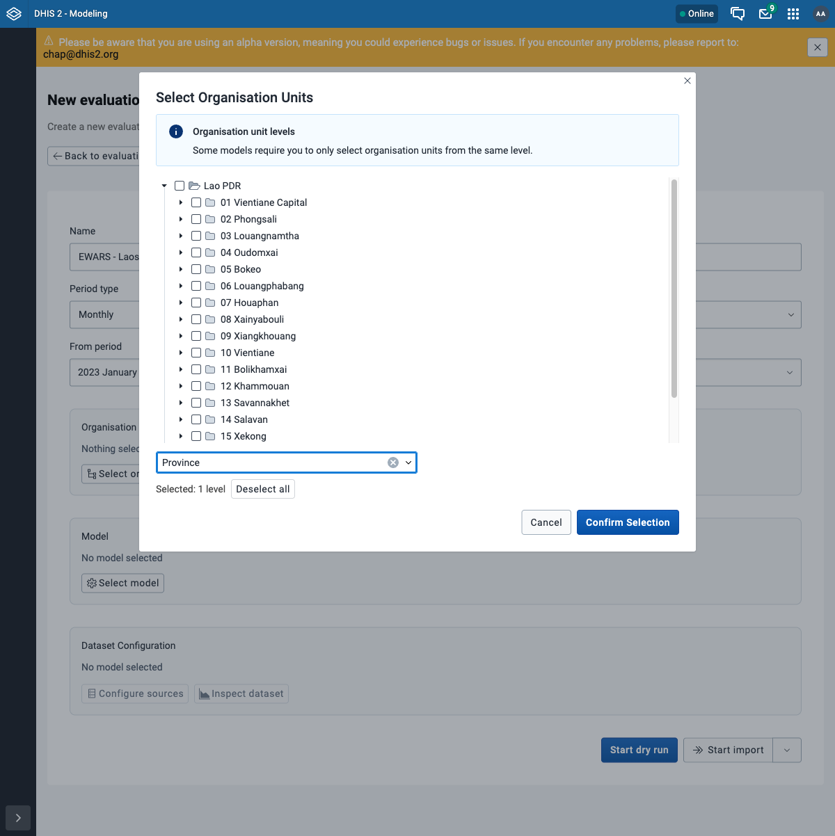Organisation unit selector, Province level