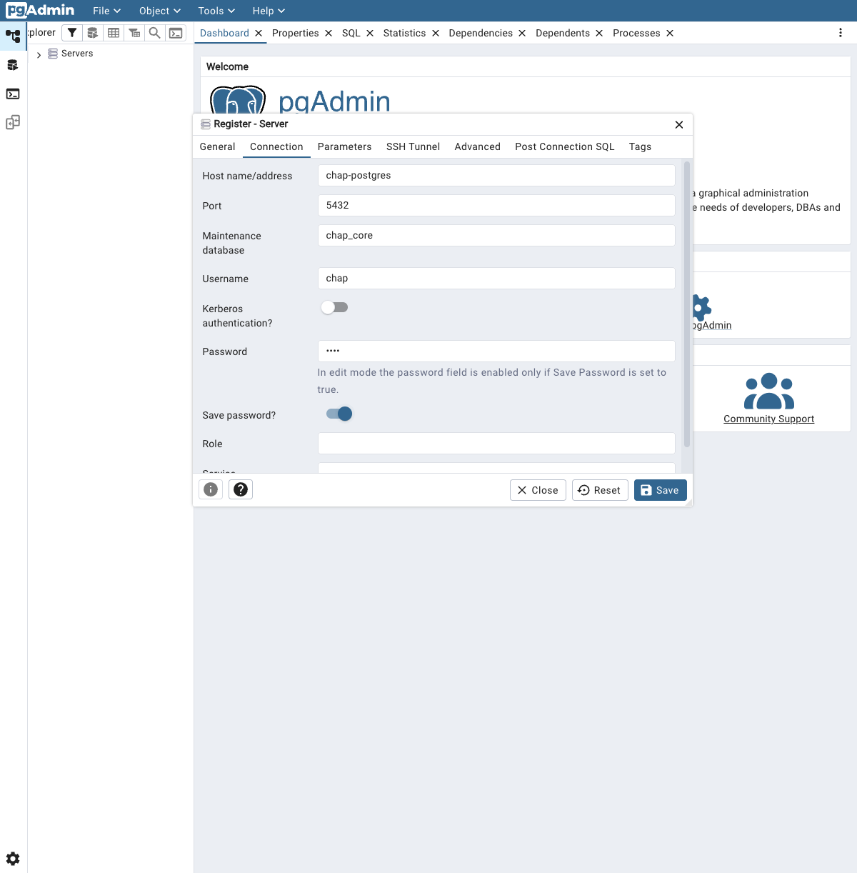 pgAdmin: registering the chap database